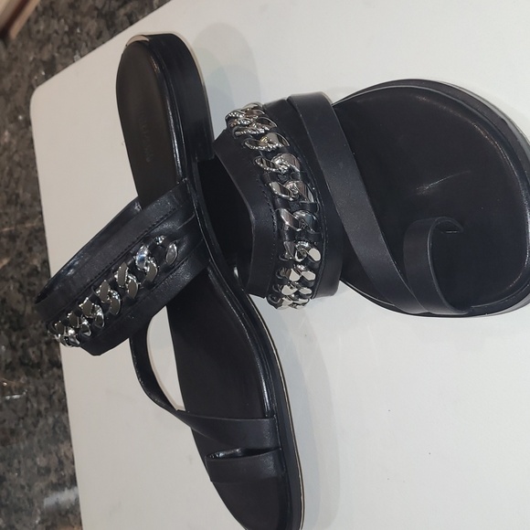 Michael Kors Black Leather Sandals with Silver Chain Design Size 10 - Picture 6 of 13